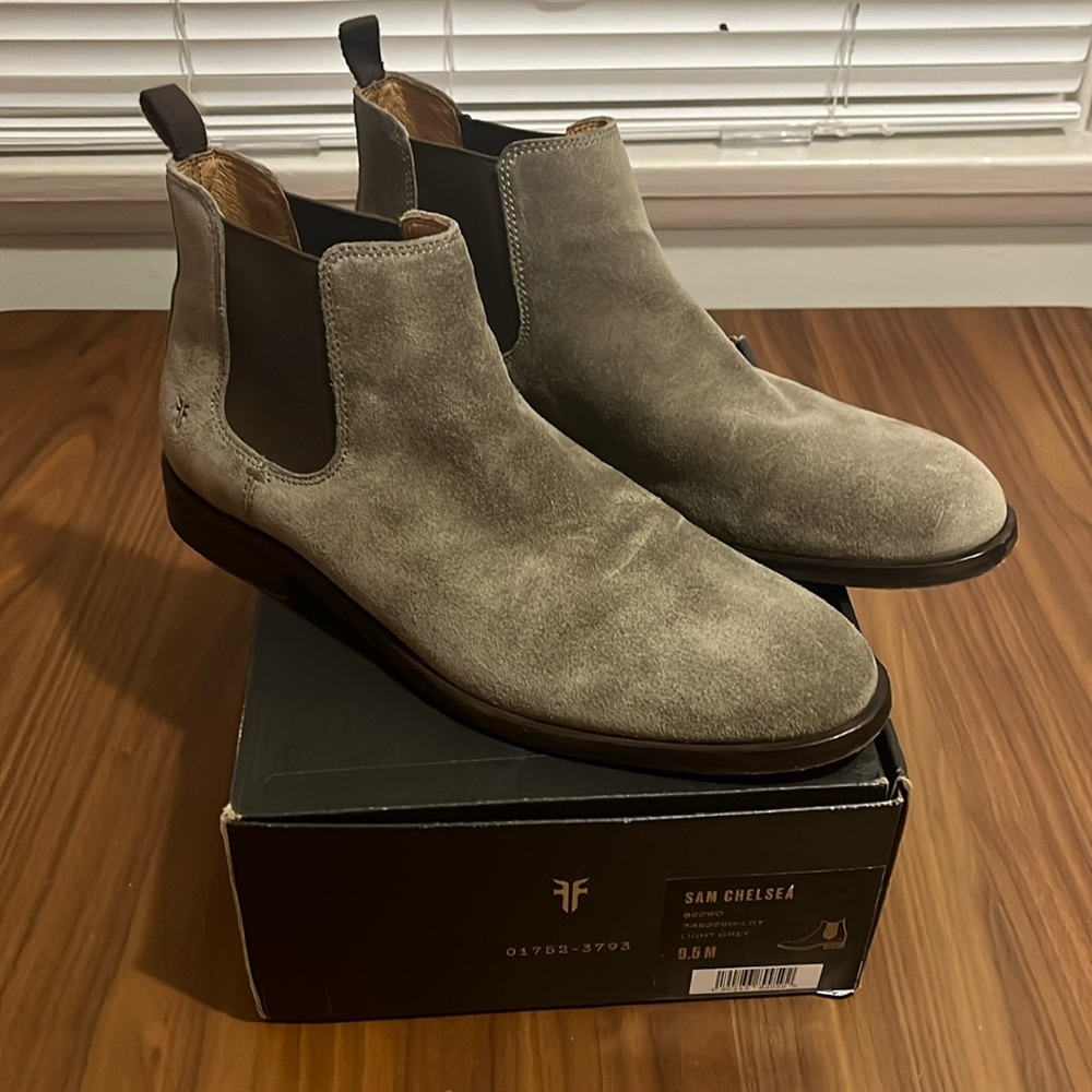 Grey Suede Frye Men Chelsea Boots. Size 9.5. With Box